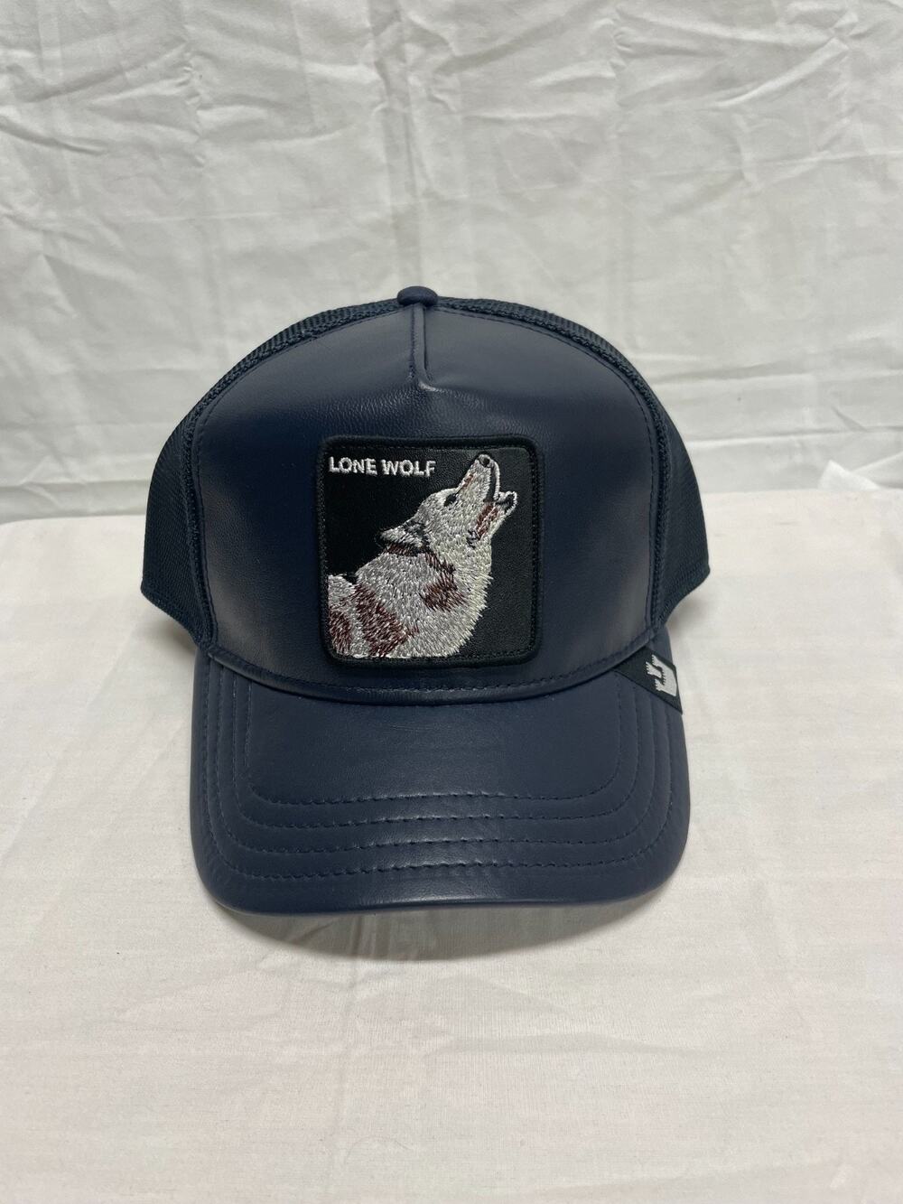 Goorin Bros. Navy Blue Leather LONE WOLF Embroidered Trucker Snapback Hat NWT